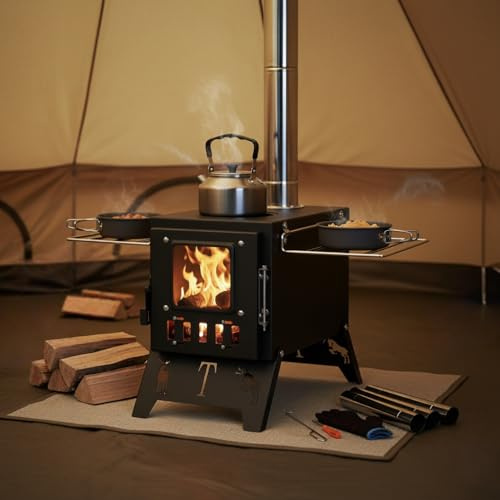 Fornello a legna da campeggio, pieghevole, con finestra visibile e prese d'aria regolabili, stufa a legna portatile per tenda, campeggio, cucina, barbecue, nero, 1 set