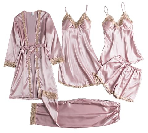 Dampyjamas-set – gosa pyjamas dam långa satin morgonrockar stor storlek 5-pack enfärgad hemmadräkt säckig loungewear mjuk morgonrock sexig negligé mysig pyjamas-set lätt sovdräkt, ROSA, M