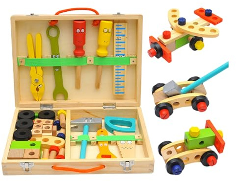 Kinder Werkzeugkoffer,Pädagogisches Holzbaukasten Spielzeug,Spielzeug Werkzeuge Für Kinder - Für Kinderzimmer Spielzimmer Kindergarten Geburtstag Mädchen Ab 2 3 4 Jahren