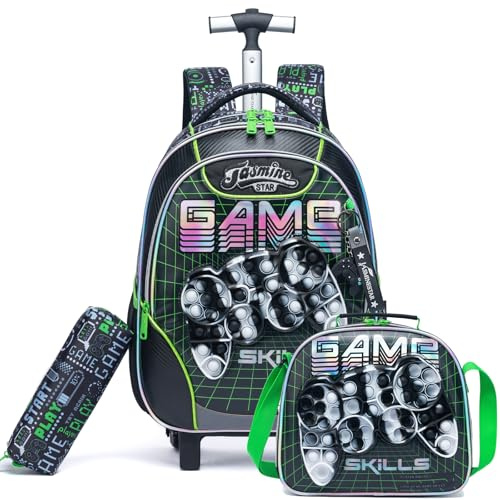 Egchescebo Kinder Rucksack mit Rollen für Jungen die Schule Gaming-Controller Koffer Schultrolley Komplett mit Lunchbag Federmäppchen Set Geeignet Grundschüler Jugendliche 5-12 Jahre Alt Blau