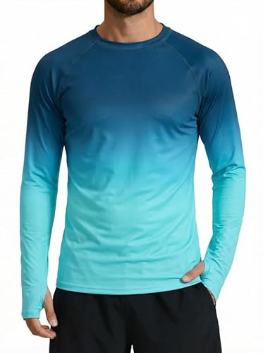 XiaoMoSha Rash Guard Mens UPF 50+ Sun Protection Rash Vest Long Sleeve Swimming Tops Quick Dry Sun Shirt Light Weight Breathable T-Shirt for Running Sport Fishing Hiking, XL, Blue-Green Gradient