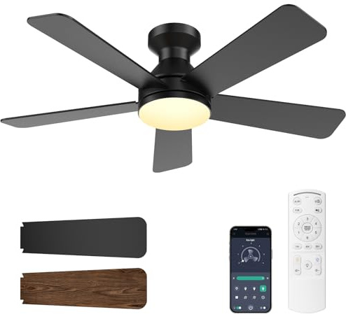 ahnwer Ceiling Fans with Lights, 132cm Ceiling Fan with Lamp and Remote/APP Control, 6 Speeds, 3 Color Temperatures, Dimmable, Reversible, Quiet, Low Profile Celling Fan for Bedroom, Living Room