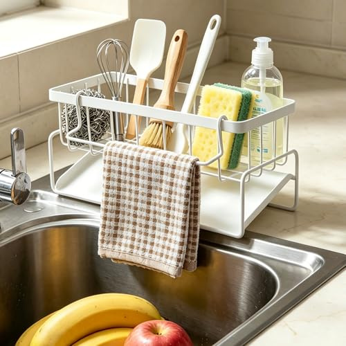 CYZBL Stainless Steel Kitchen Sink Storage Organiser Removable, White | Sponge Holder Countertop Cleaning Rack with Dish Cloth Hanger Keeps Brushes, Soap and Cloths Dry for Kitchen Bathroom