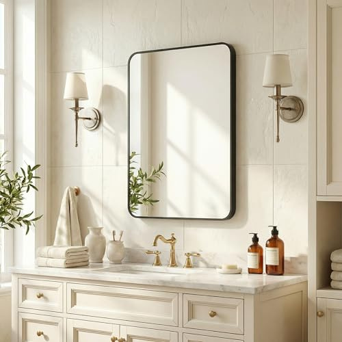 VITA VERO 76x50cm Wall-Mounted Bathroom Vanity Mirror with Black Frame | Rectangle Wall Mirror with Curved Corners, Horizontal or Vertical Hanging HD Mirror for Hallway,Entrance,Living Room,Bedroom