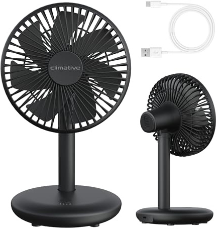 Climative Tischventilator sehr leise - Akku USB Ventilator 4000mAh, Ø 16,5cm, bürstenloser 7-Flügel Mini Lüfter für Büro, 14h Laufzeit, 4 Modi, Naturwind, Table Fan CoolGo, Camping Ventilator Schwarz