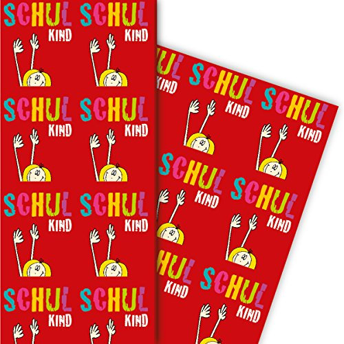 Lustiges Geschenkpapier zu Einschulung mit MädchenSchulkind, rote, für tolle Geschenk Verpackung und Überraschungen 32 x 48cm