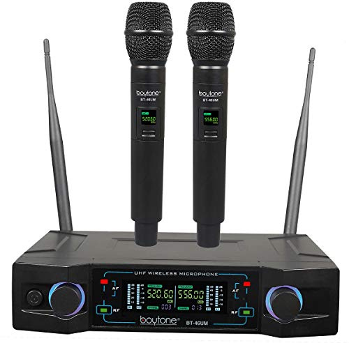 Boytone BT-46UM UHF Digital Channel Wireless Microphone System - Dual Fixed Frequency Wireless Mic Receiver, 2 Handheld Dynamic Transmitter Mics, for Party, Church, Aluminum carrying cases, 110/220V