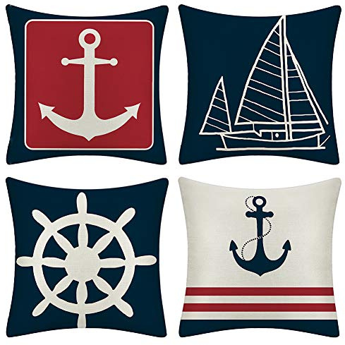 JOTOM Cushion Covers Decorative Throw Pillow Case Sofa Car Sailboat & Ship Rudder Pillowcase for Home Bed Decor 45 x 45cm,Set of 4 (Anchor)