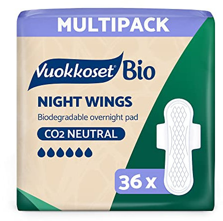 Vuokkoset Night Pads - Bio Binden mit Flügeln Nacht, biologisch abbaubar, Bio-Baumwolle - 4x9 Stück Multipack