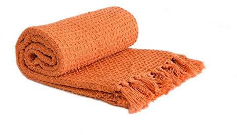Emma Barclay Honeycomb - Recycled Cotton Plain Waffle Textured Chair Sofa Setee Throw Over Blanket in Burnt Orange - 50x60 (127x152cm)