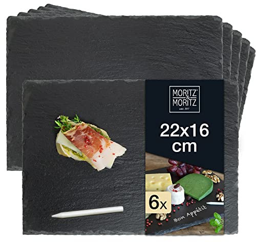 Moritz & Moritz Lot de 6 plateaux de service en ardoise de 22 x 16 cm avec crayon craie – Plaques d'ardoise pour buffet, sushi et fromage – Parfait pour l'aménagement et comme décoration