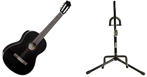 Yamaha C40BLII Akustikgitarre schwarz – Hochwertige Akustikgitarre für Einsteiger in edlem Design – 4/4 Gitarre aus Holz & Rockjam Universal Tragbarer vertikaler Gitarrenständer