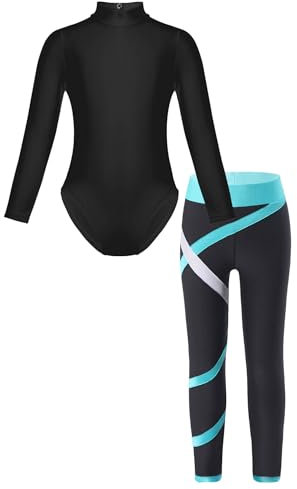 Jowowha Kinder Turnanzug Gymnastikanzug Mädchen Ballettanzug Langarm Ballettbody mit Leggings Sport Training Wettkampf Dancewear Türkis 122-128
