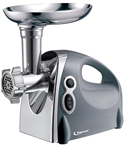 Topmatic MG-1200.3 Silberfarben elektrischer Fleischwolf 1200W Edelstahl Rückwärtslauf Küchenmaschine Zerkleinerer Kebbe-Aufsatz Hack Hackfleisch Spritzgebäck