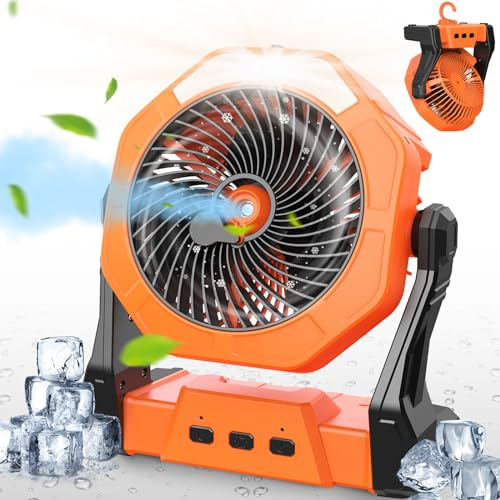 Ausic Ventilador de nebulización portátil, ventilador recargable para exteriores, luz LED, gancho, 35 horas