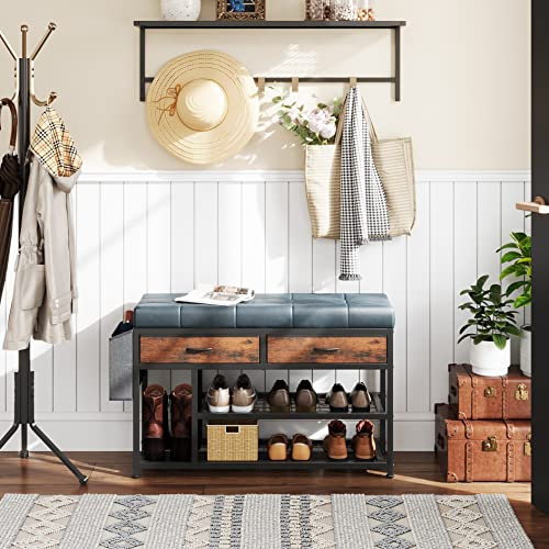 MUTUN Shoe Bench with Cushion, Storage Bench with Padded Seat, Metal Shoe Racks and Fabric Drawers for Entryway Bedroom Living Room, Vintage Green
