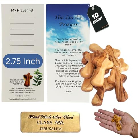 Medium Size 10 Pack Olive Wood Pocket Crosses - Genuine Bethlehem Holy Land Comfort Holding Crosses for Prayer & Anxiety Relief - Small 2.75 Inch Hand Crosses for Christian Gifts, Baptism, Confirmation & Bereavement