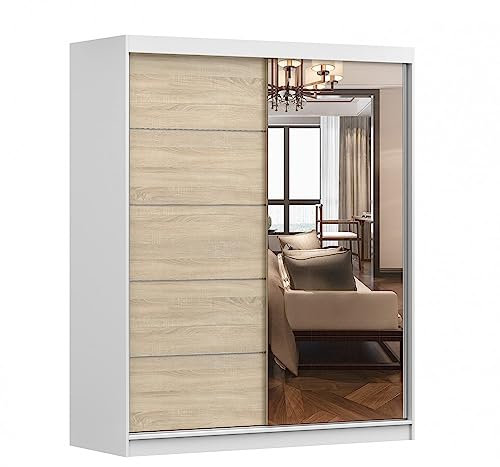 Kleiderschrank V6 mit Spiegel 160 cm, Schwebetürenschrank, Garderobeschrank Schlafzimmer; Wohnzimmerschrank; Korpus Schrank Farbe: Weiß; Farbe der Schrankfront: Sonoma - 2 Schiebetüren