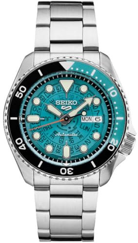 Seiko Orologio automatico da uomo, 5 sport, calendario giorno/data, lancette e indici LumiBrite, lunetta girevole, impermeabile fino a 100 m, Turchese - SRPJ45, moderno