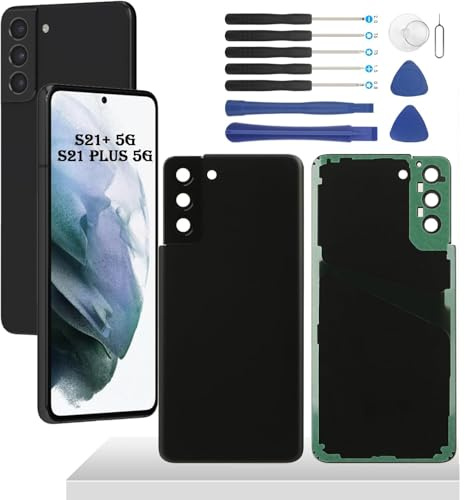 YHX-OU 6.7'' Schwarz Akkudeckel für Samsung Galaxy S21 Plus 5G Galaxy S21+ 5G Rückseite Glas Backcover Back Glas Ersatz Reparatur Set mit Kameraobjektiv + Werkzeug