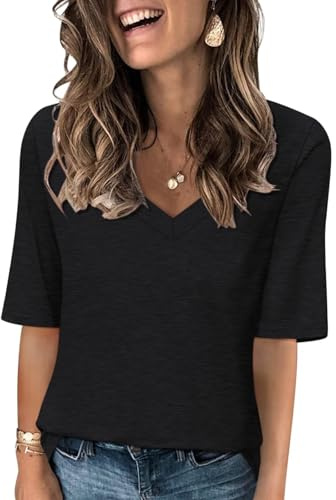 Minetom Women's V Neck T Shirts Casual Half Sleeve Tops Basic Summer Tees A Black