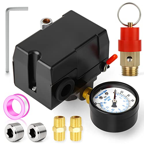 MEANLIN MEASURE Air Compressor Pressure Switch Control Valve 135-175 PSI 110V-240V 4-way Replacement Parts With 0-200 Pressure gauge and Safety Pressure Relief Valve