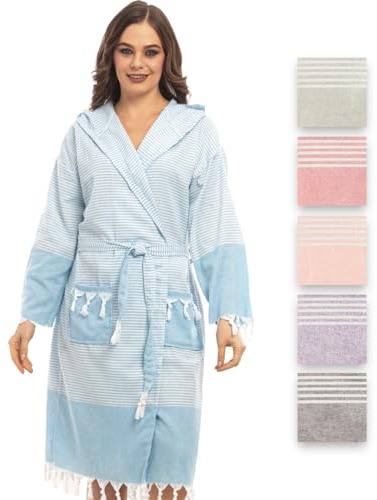 Heré Mood Bademantel aus Hamamtuch, Saunatuch, für Frauen für ultimativen Luxus, mit Gürtel & Kapuze - Langform Damen Leicht und Modisch
