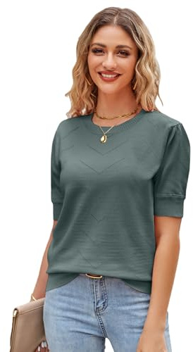 Newshows Kurzarm Pullover Damen Frühling Elegant Rundhals Kurzarmpullover Strickpulli Sweatshirt(Grau Grün, XXL)