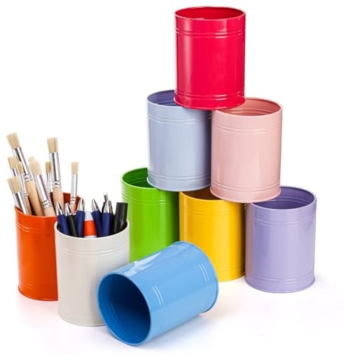 Tlence 9 Pack Metal Pen Holders for Desk, Colorful Bulk Round Pencil Cup Caddy, Desktop Stationery Organizer and Accessories for Office Classroom, Makeup Brush Storage, 3.5 x 4.5 Inches