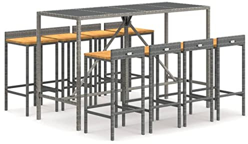 Makastle 9-teilig Gartenbar Set, Garten Sitzgruppe Essgruppe Stehtisch Barstühlen Gartenmöbel, Bartisch mit Barhocker Set für Garten Rasen, Grau Poly Rattan & Massivholz Akazie