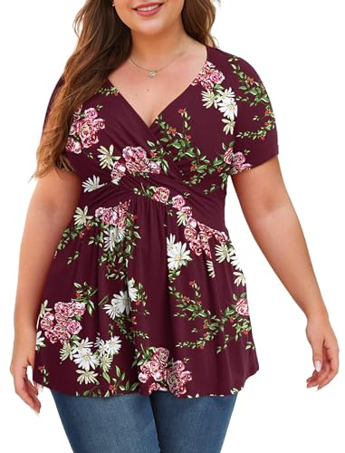 Anelune Plus Size Red Floral Printed Tops Women Short Sleeve Babydoll Tunic Pleated Flowy Materinity Blouse Casual V Neck Outfit 3XL F Wine Red