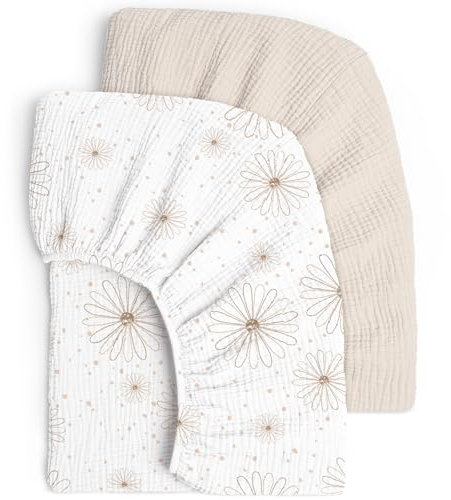 lulumoon 2er Set Kinder Spannbettlaken, Musselin-Baumwolle Spannbetttuch für Babybett und Kinderbett 60x120cm / 70x140cm Reisebett Spannlaken Beistellbett Leintücher (Gänseblümchen Weiß, 70x140cm)