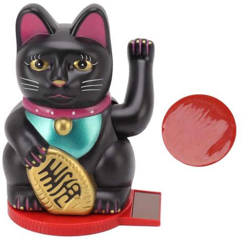 Cyrank Lucky Fortune Cat, Winkekatze, Winkende Japanische Glückskatze, Chinesische Katze, Winkearm Lucky Cat Decor Feng Shui Cat Solarbetriebene Süße Winkekatze Mit Doppelseitigem Aufkleber(Schwarz)