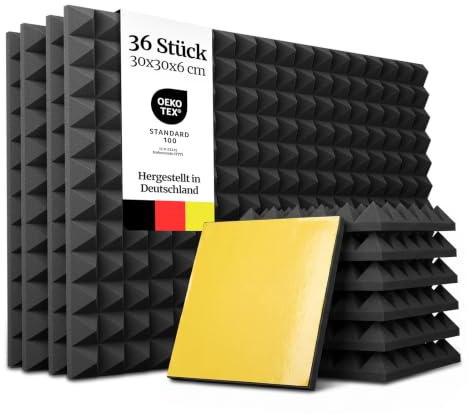 PolySound Pyramidenschaumstoff - Profi-Akustikpaneele für Studio, Podcast & Heimkino - inklusive Kleberolle zur einfachen Montage - 36 Stück 30x30x6cm - Schwarz