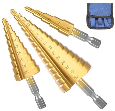 Ruidee 3Pcs Step Bits Set HSS Step Cone Drill Bit 4-12/4-20/4-32mm High Speed Steel Step Drill Bits for Wood Metal Aluminum (JZT/4-32mm)