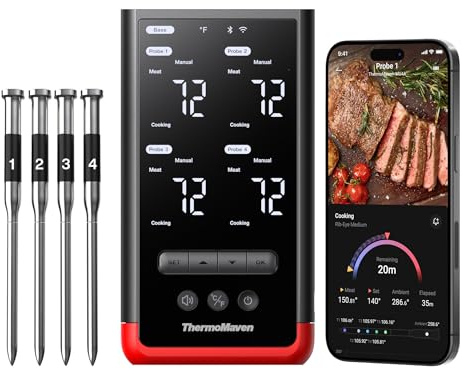 ThermoMaven P4 Fleischthermometer Kabellos mit APP, 4 Sonden, 6 Sensoren | WiFi & Bluetooth 5.3, ±0,3°C Präzise, IPX8 Wasserdicht, NIST & NSF Zertifiziert, Grillthermometer Kabellos, Bratenthermometer
