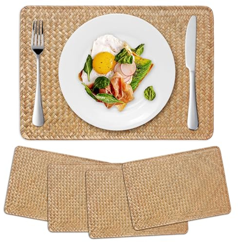 4 Stück Rechteckige Geflochtener Tischsets aus Natürliche Seegras, Rattan Gewebte Platzsets für Esstisch (43 x 30 cm)