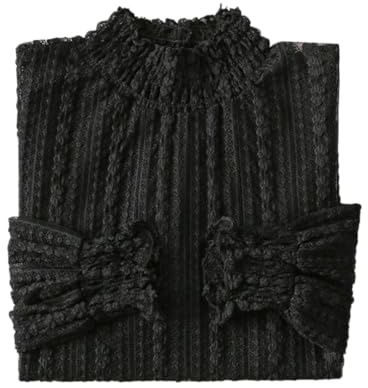 YEKEYI Top da donna in pizzo a maniche lunghe con colletto alto, camicetta trasparente in pizzo floreale trasparente, Nero , S
