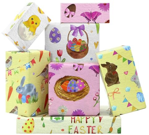 Påskomslagspapper, påskägg kanin kyckling fjäril presentpapper, glad påskdag omslagspapper för barn flickor pojkar familj vänner på påsk eller födelsedagsfest (6 ark i 6 mönster)