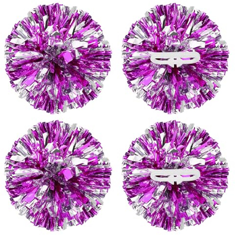 YELARXI Metallic Cheerleading Pom Poms Cheer Pompoms, 12 Inch with Handle Rings Fit for Team Spirit Sports Dance Cheering, (4Pcs, Fuchsia Silver)