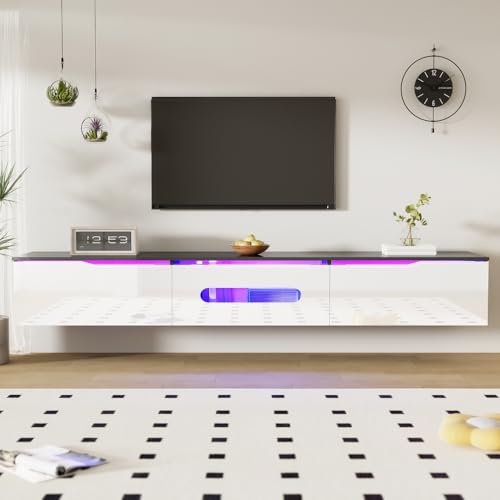 Mueble TV blanco y negro, longitud 180 cm, acabado brillante, con iluminación LED de 16 colores, fijación de pared