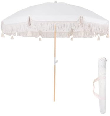 Generico Ombrellone da Giardino con Frange, Ombrellone da Spiaggia con Palo in Legno e Borsa Trasportabile per Picnic, Prato, Terrazza, Piscina, Feste