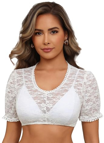 Hotouch Dirndlbluse Weiß Kurzarm Spitze Dirndl Bluse Elegante Trachtenbluse Oktoberfest Dirndlblusen für Oktoberfest 38