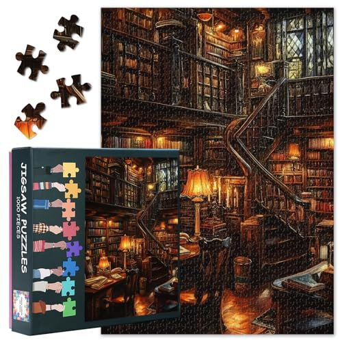 1000 pezzi Vecchia biblioteca puzzle per adulti divertenti libri impegnativi e lampade da lettura vintage puzzle per adulti librerie 1000 pezzi per la famiglia serata di gioco 70 cm x 50 cm
