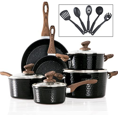 Kitchen Academy Induction Hob Pots and Pans Set Non Stick - 15Pcs Black Hammered Cooking Frying Pans Set, Non Toxic Saucepans Set with Lid, PFOA&PTFE-Free