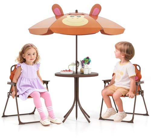 COSTWAY Kindersitzgruppe mit Sonnenschirm, 4 teilige Kindersitzgarnitur mit 2 Klappstühlen, Sitzgruppe Kinder Outdoor, Kinder Picknicktisch für Camping, Strand & Garten (Braun)