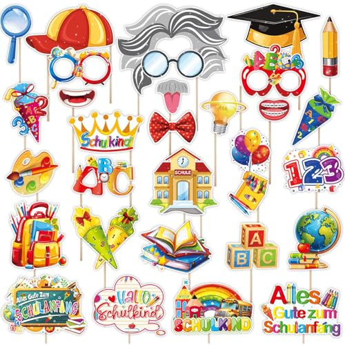 Gleemix Einschulung Deko Fotobox Requisiten, 30 Stück Back to School Photo Booth Requisiten, Papier Foto Requisiten für Schulanfang Deko, Schule Motto Party Supplies Foto
