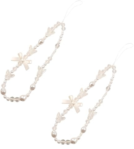 Tnyvm 2Pcs White Mobile Phone Lanyard Universal Chain Black Bow Pearl Beaded Lanyard Wrist Strap Anti Lost Charm Strap Fashion Case Keychain Cell Phone Pendant