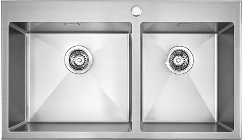 870mm Double Bowl Kitchen Sink - 304 Stainless Steel Inset Sink with Faucet Hole - Nano Silver Anti-Scratch - 87x50x20.3cm Dual Basin with Waste Kit & Overflow - Fits 900mm Cabinet