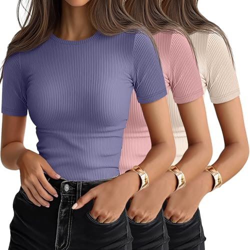 Ficerd - Confezione da 3 Magliette da Donna a Coste in Cotone, a Maniche Corte, con Scollo Rotondo e vestibilità Aderente.